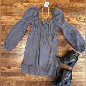 Gray Gauze Dress With Puff Sleeve